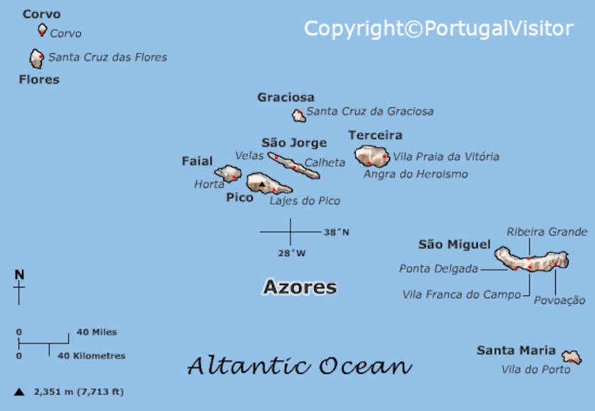 Mapa de las Azores, Portugal.