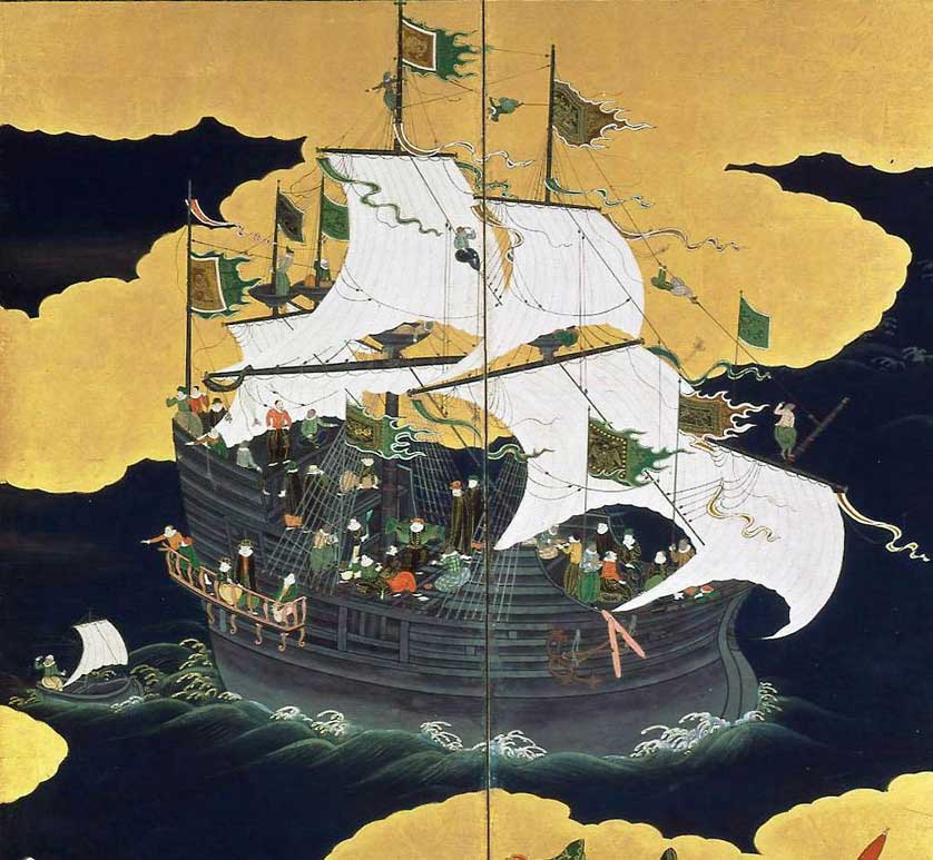 Una carraca portuguesa mostrada en una pintura de pantalla japonesa.