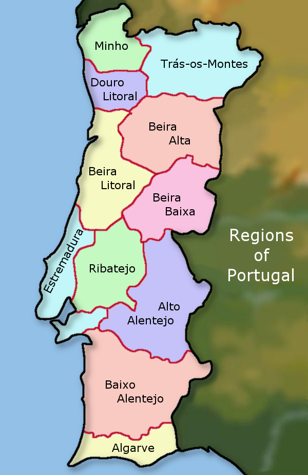 Mapa de las regiones de Portugal.