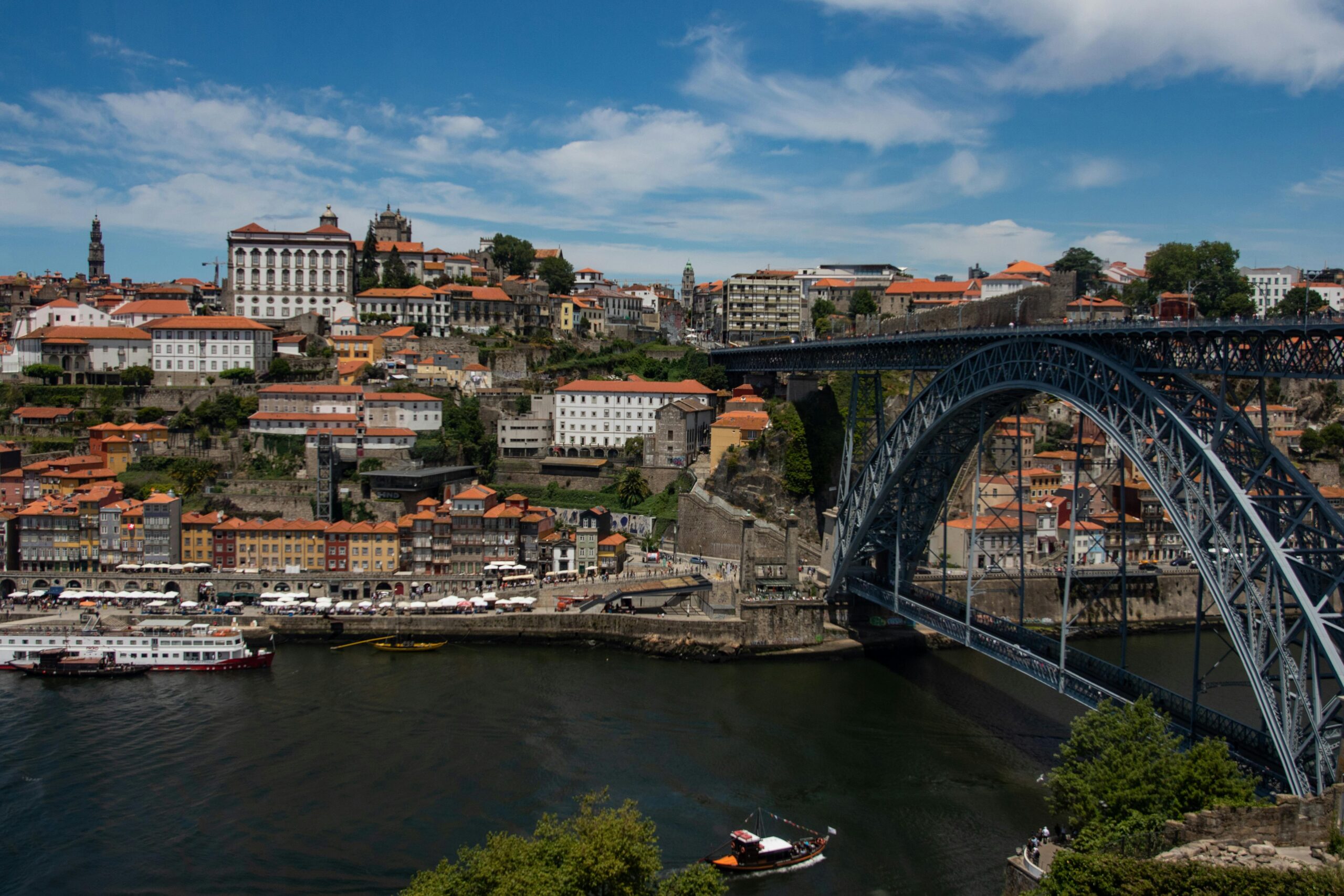 Scenic view of Porto, Portugal featuring the iconic Dom Luís I Bridge over the Douro River.