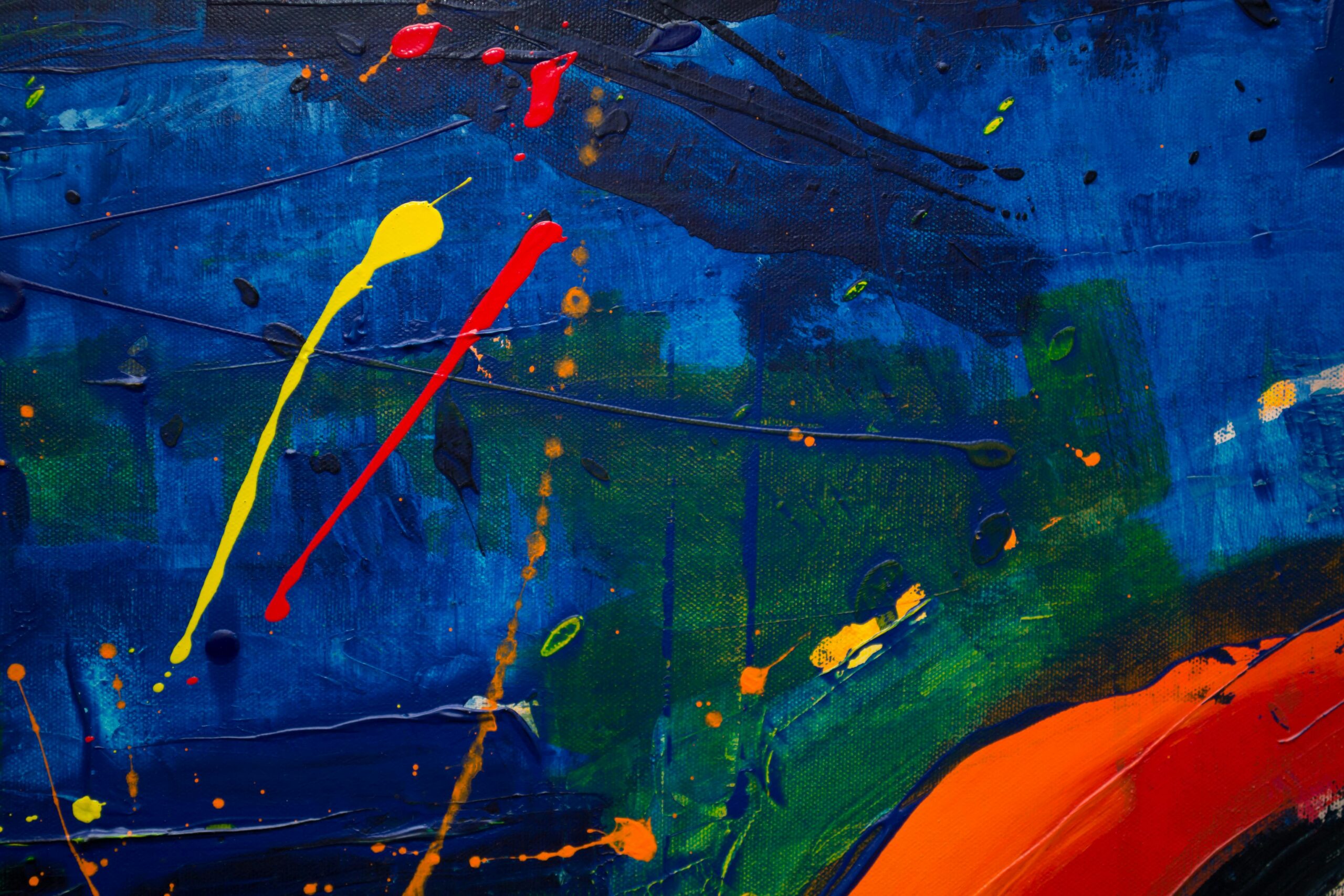 Dynamic abstract painting featuring bold blue, yellow, red, and green colors with textured strokes.